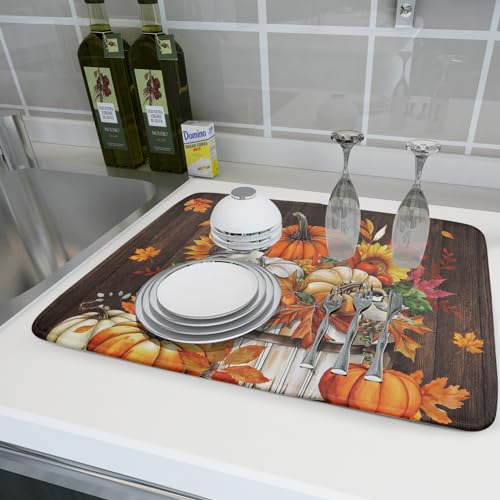 Fall Pumpkin Dish Drying Mat for Kitchen Counter Decor 18x24 Inch Halloween Thanksgiving Dish Drainer Mats Absorbent Reversible Dishes Pad (Pumpkin Bucket / 18" x 24")