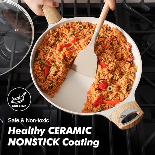 12.5inch Ceramic Nonstick Frying Pan Paella Pan with Lid (12.5 Inch / TAFFEE Taupe)
