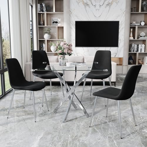 36" Square Glass Dining Table Set for 4 (Silver Square Table/Black Velvet Chairs / 5 Pieces)