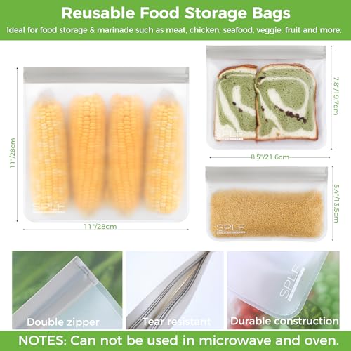 18 Pack Reusable Food Storage Bags Dishwasher Safe (18 Pack-6 Gallon 6 Sandwich 6 Snack / Gray)