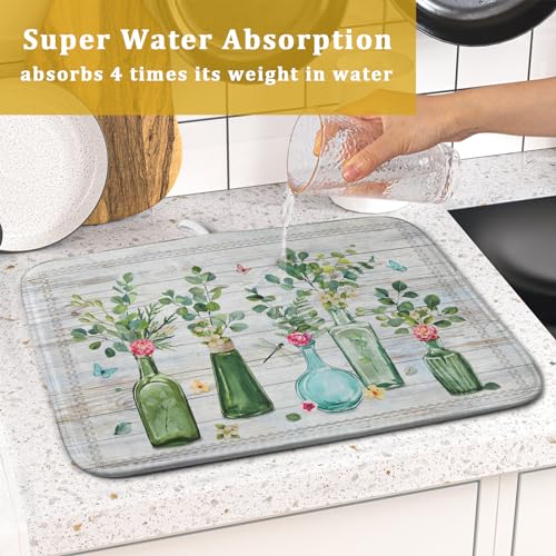 Fern Leaf Vase Dish Drying Mat 16x18 Inch Eucalyptus Leaves Microfiber Absorbent Dish Drainer Mat Reversible Drying Pad for Kitchen Counter Sink (Fern Leaf Vase / 16" x 18")