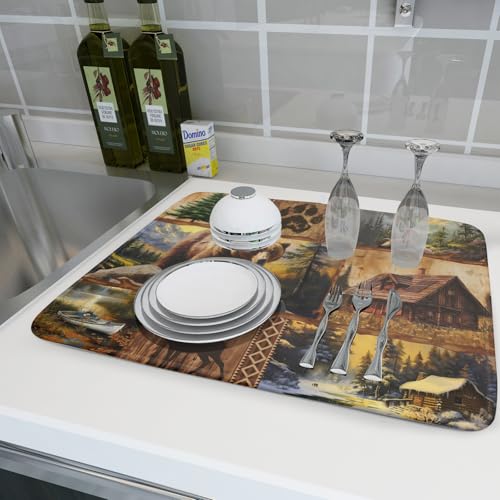 Bear Deer Fox Dish Drying Mat Rustic Cabin Lodge Dish Drainer Mats 18x24 Inch Absorbent Washable Dishes Rack Pad for Sink Kitchen Counter (Bear Deer Fox / 18" x 24")