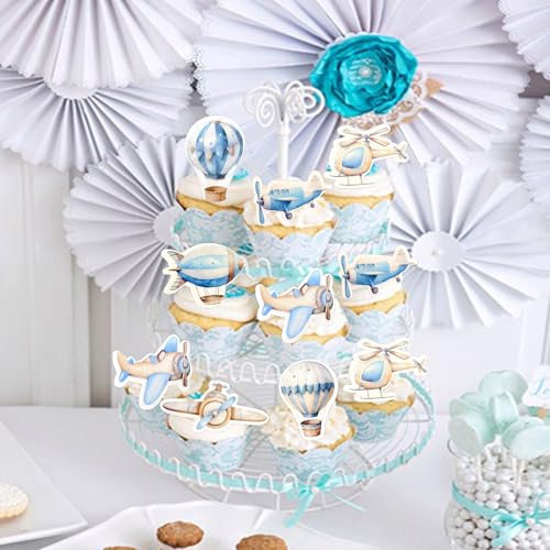 40Pcs Edible Watercolor Blue Airplanes Cupcake Toppers Edible Cartoon Hot Air Balloon Helicopter Cupcake Picks for Blue Boys Birthday Cupcake Decorations Airplane Baby Shower Cake Decorations (Edible-airplane)