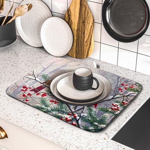 Red Bird Dish Drying Mat Merry Christmas Dishes Pad Absorbent Fast Dry Dish Drainer Mat Protector for Kitchen Counter 16 x 18 Inches (red bird / 16" x 18")