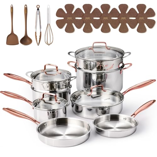 21pcs Tri Ply Stainless Steel Cookware Set (Gold / 21 PCS)