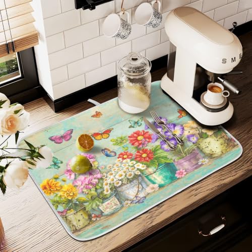 Spring Floral Butterfly Rustic Dish Drying Mat for Kitchen Counter Absorbent Microfiber Large Drying Pad Dish mats for Kitchen Countertops 18 x 24 Inch (Spring Floral / 24" x 18")