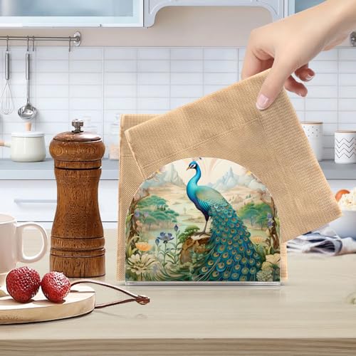 Peacock Garden Napkin Holder for Table Paper Napkins Holder Acrylic Tissue Dispenser Kitchen Dining Room Bathroom Party Car Decor (NH077 / 4.1x4.9x1.97in)