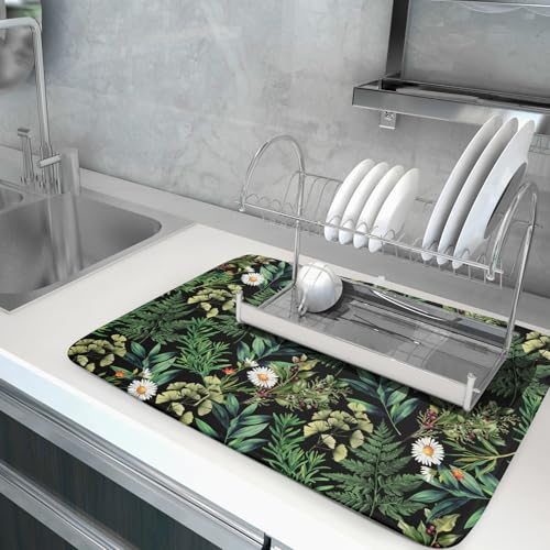 Green Botanical Dish Drying Mat 18x24 Inch Plant Leaf Fast Dry Dish Drainer Rack Mats Absorbent Microfiber Protector for Countertops Sinks (Green Botanical / 24" x 18")