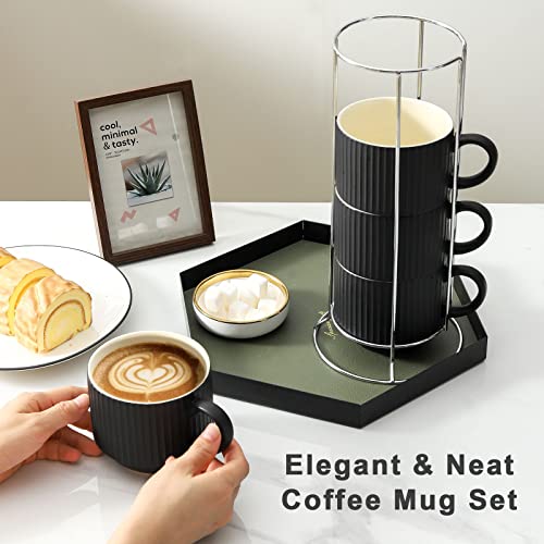 Coffee Mug Ceramic Set of 4 with Stand (Matte Black / 15 Ounces)