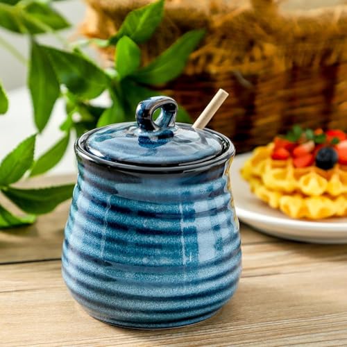 Ceramic 12 Ounce Honey Jar and Dipper Set (Blue)