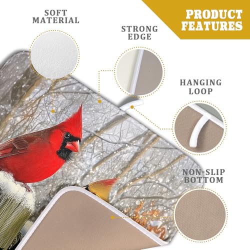 Winter Birds Dish Drying Mat Red Berry Dish Drainer Rack Mat Microfiber Absorbent Dish Drying Pad for Kitchen Counter Coffee Bar 16x18 Inch (Winter Red Birds / 16" x 18")