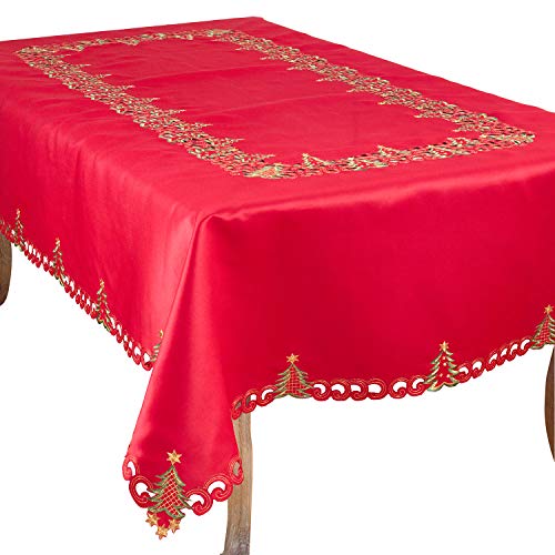 Pandoro Collection Holiday Embroidered Christmas Tree Cutwork Border 67 x 160 Inch Tablecloth (Red / 160" x 67" (Rectangular))