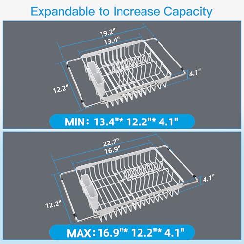 White Dish Drying Rack Over the Sink with Utensil Holder (White / For 12.5"-30"w Sink, Expandable)