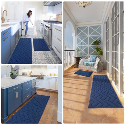 Kitchen Runner Rug (Navy Blue / 20"x48"+20"x32")
