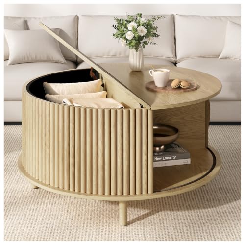 Round Coffee Table with Storage for Living Room (Light Oak)