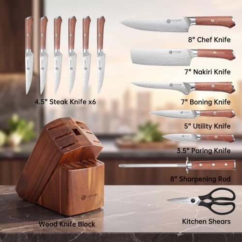 14 PCS Japanese Knife Set with Block and Sharpening Rod (14PCS knife block set)