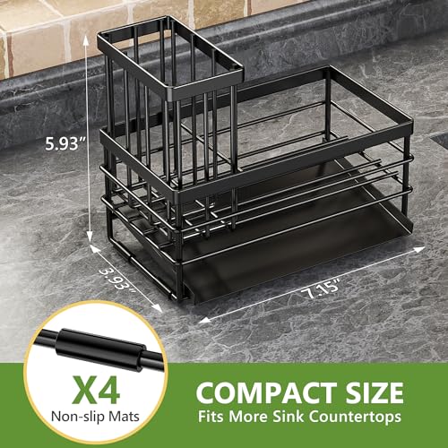 Sink Caddy Sponge Holder for Kitchen with Brush Holder and Stainless Steel Self Drain Tray (8.26'' / Black)