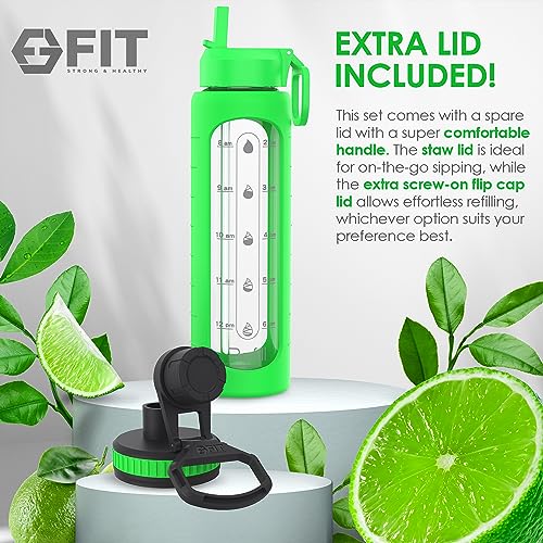 32 oz Glass Water Bottle with Straw Lid (Lime Sleeve)