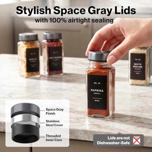 Glass Spice Jars with Label (Space Gray Stainless Steel Lid)