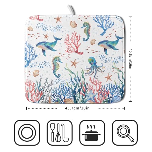 Coastal Ocean Dish Drying Mat Seahorse Whales Drainer Rack Mats 16"x18" Absorbent Microfiber Dish Drying Pad Protector for Kitchen Counter (Coral Ocean / 16" x 18")