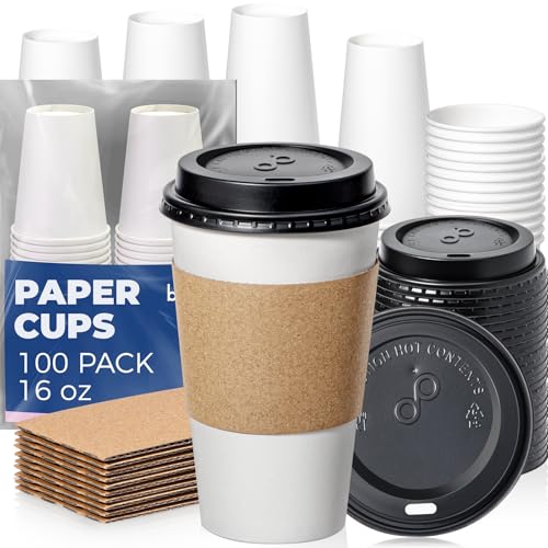 16 oz 100 Pack To Go Coffee Cups with Lids and Sleeves (16 oz)