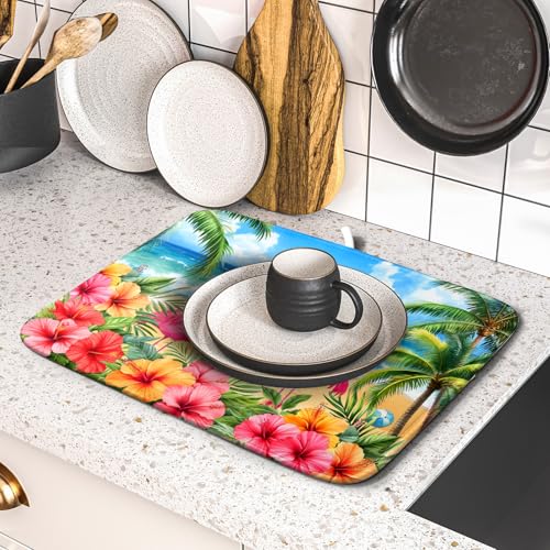 Summer Flamingos Dish Drying Mat 16x18 inch Tropical Beach Microfiber Washable Dish Rack Mats Drainer Pad for Counter Kitchen Table Decor (Summer Flamingos / 16" x 18")