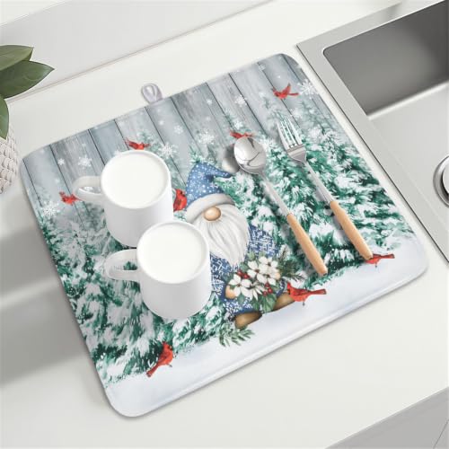 Winter Gnome Dish Drying Mat Pine Tree Dishes Pad 16"x18" Microfiber Absorbent Fast Dry Drainer Rack Mats Protector for Kitchen Countertop (Winter Gnome Bird / 16x18 inch)