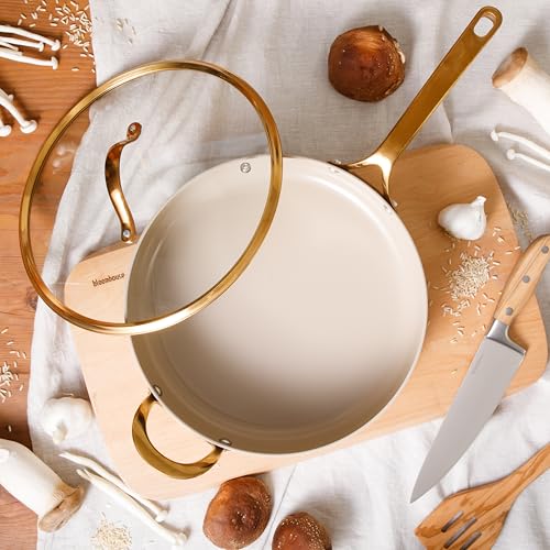Non Stick Frying Pan (Almond Cream w/ Gold Handle / Saute Pan w/ Lid (6-Quart))