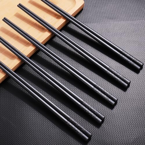 5 Pairs Premium Chopsticks Reusable Dishwasher Safe 9.5 Inch Fiberglass Chop Sticks Gift Set Non Slip Lightweight Cherry Blossom Pattern (Black Cherry Blossom)