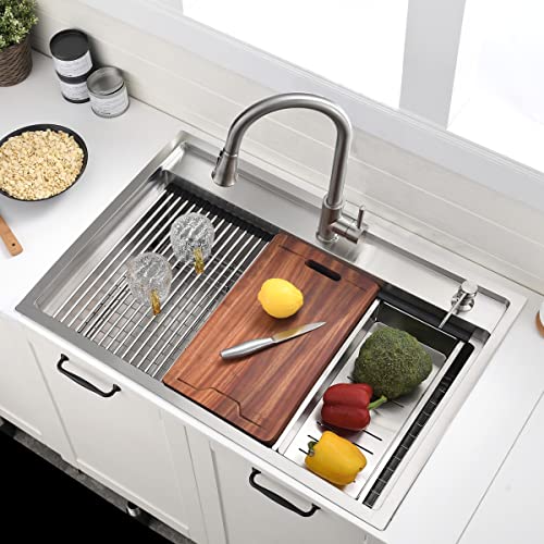 33 Inch Drop In Kitchen Sink Workstation (33"L x 22"W x 10"D / Stainless Steel （Splash Guard）)
