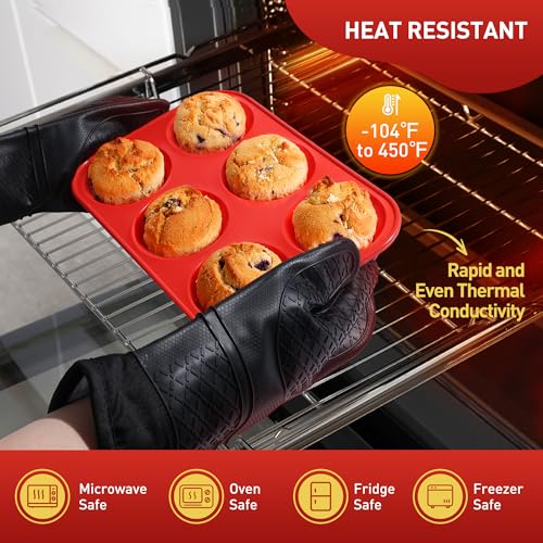 2 Pack 6 Cups Silicone Mini Muffin Pan with Metal Reinforced Frame Silicone Molds Cupcake Cake Baking Pans Cookie Baking Chocoflan Cupcake Mold Cake Molds Kitchen Baking Mom Gift Home Essentials (2pc: 6-Cup Jumbo / Red)