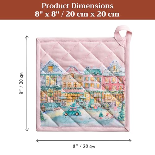 Pot Holders 100% Cotton Potholders (124 - Christmas Market - Pink / 8" x 8" (Pot Holder Pack of 1))