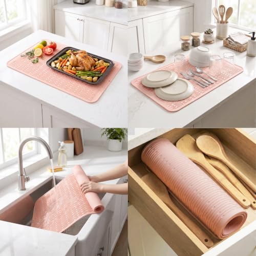 Silicone Dish Drying Mat for Multiple Usage (Pink / 32"L x 18"W)