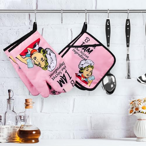 Funny Oven Mitts and Pot Holders Sets Cooking BBQ Non (Pink)
