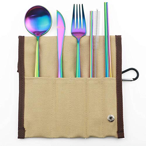 Portable 6 Pieces Flatware Set (Beige Pouch / Rainbow)