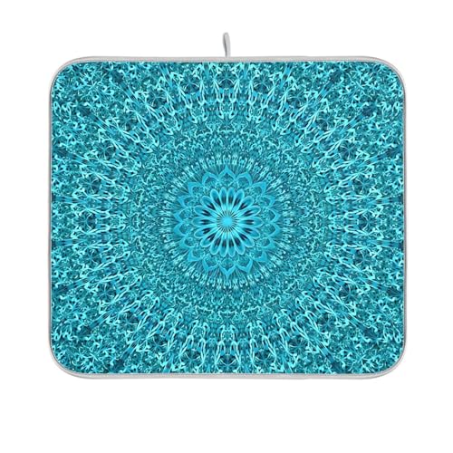 Super Absorbent Dish Drying Mat Microfiber Fast (Mandala Turquoise Teal Blue Green / 16" x 18")