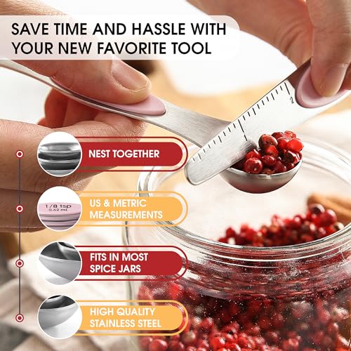 Stainless Steel 8 Magnetic Measuring Spoons Set (Pink Lemonade / 1-Pack)