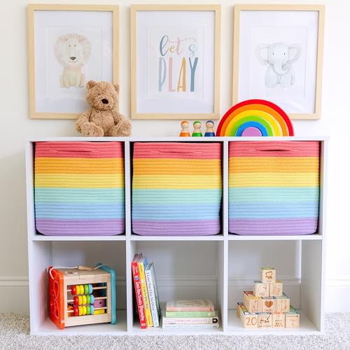 Storage Cubes 11 Inch Cotton Rope Woven Baskets for Organizing (Rainbow)