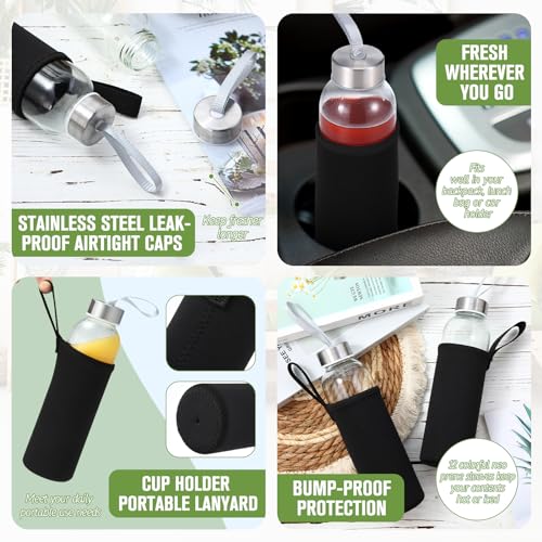 12 Pack Glass Water Bottles with Sleeves (Stylish / Black)