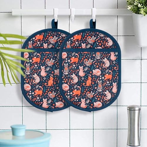 Pot Holders with Transparent Clear Silicone Shell and Nice Cat Flower (Potholders / Navy, Cat)