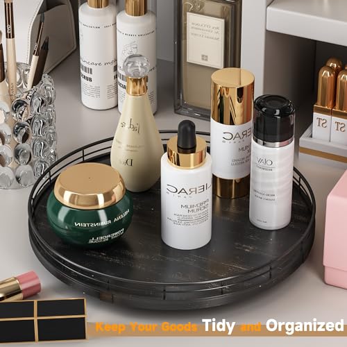 13 Inch Oak Lazy Susan Vanity Tray with Black Brushed Gold Finish Rail