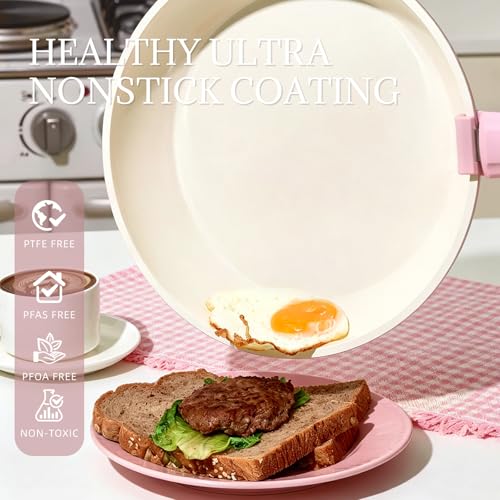 Ceramic Cookware Set Non Stick 8Pcs Pots and Pans Set Removable Handle Induction Kitchen Cookware Set with Frying Pans Oven Safe (Light Pink)