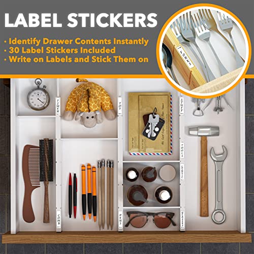 Bamboo Drawer Dividers with Inserts and Labels (2.35''H, 17''-22''L, 4 Dividers / WHITE)