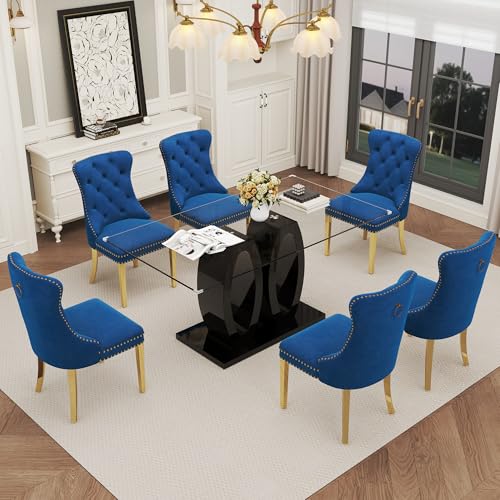 63" Glass Dining Table Set for 6 (Black Table & Gold Blue Chair / 7-Piece Set-Double O-Shaped Table)