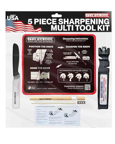 5-in-1 Knife Sharpening System - Knife Maintenance Kit with Knife Sharpener Tool, Honing Rod, Training Knife, Replacement Blade & Mat for Kitchen Knives, Scissors & Outdoor Tools (5 piece kit)
