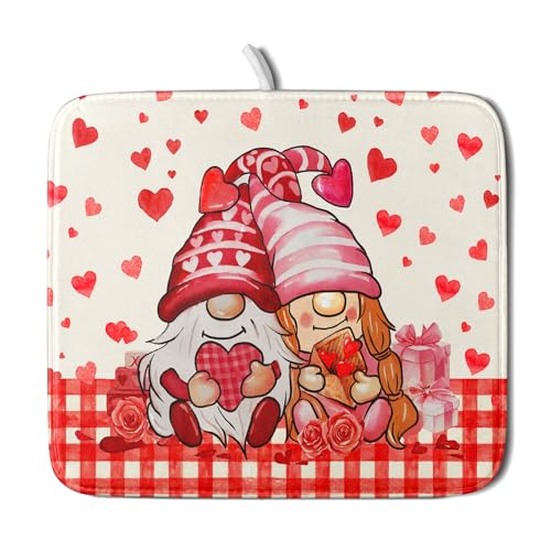 Love Gnome Dish Drying Mat 16"x18" Red Heart Microfiber Dish Drainer Rack Mat Holiday Absorbent Dishes Pad for Kitchen Counter Sink Decor (Love Gnome / 16" x 18")