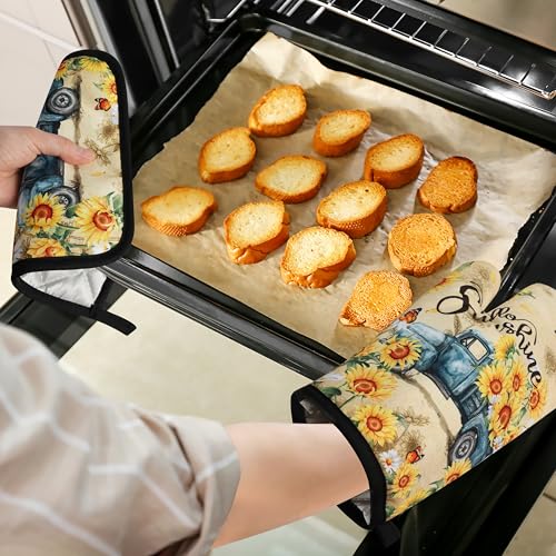 Sunflower Oven Mitts and Pot Holders Sets Vintage Floral Oven Gloves Heat Resistant 4 Pcs Farmhouse Decorative Kitchen Hot Pads and Mitts for Baking Cooking Grilling (Yellow Blue)