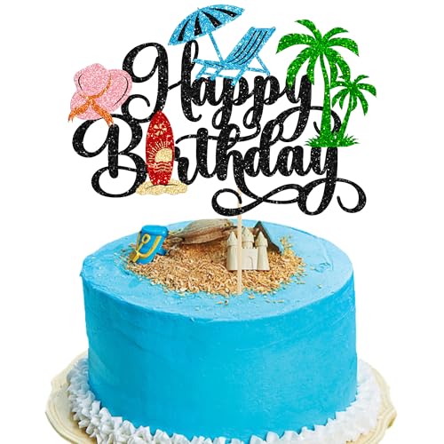 1Pcs Summer Beach Happy Birthday Cake Topper Glitter Ball Tree Umbrella Pool Cake Pick for Hawaiian Holiday Baby Shower Birthday Party Cake Decorations Supplies Black