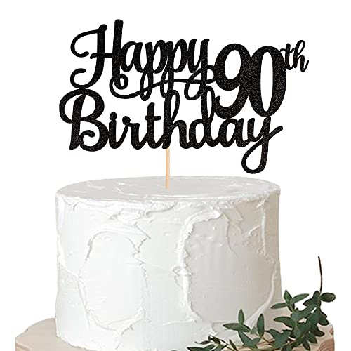 1 PCS Happy 90th Birthday Cake Topper Glitter Cheers to 90 Years Birthday Cake Pick 90 Fabulous Cake Decoration for Happy 90th Birthday Theme Party Decorations Supplies Black (Black / 90th)