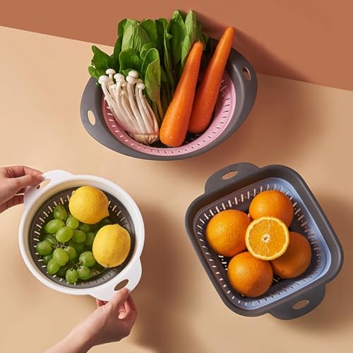 2Pcs Collapsible Square Silicone Colander Strainer for Fruit Veggie Pasta (2.1L+2.1L / White and Pink)
